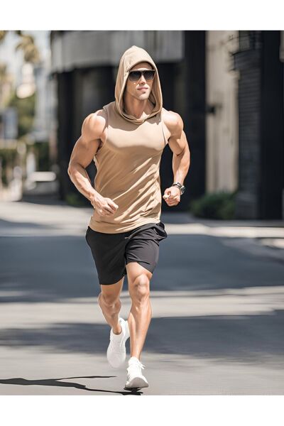 GANNHERS Sarı Kapüşonlu Kolsuz Sporcu T-shirt Fitness Atleti Unisex %100 Pamuk