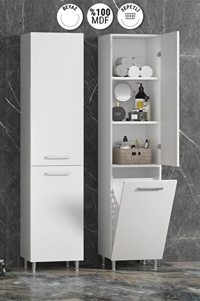 ÖZCEDEN 35*167 cm Beyaz MDF Sepetli Ayaklı Banyo Boy Dolabı
