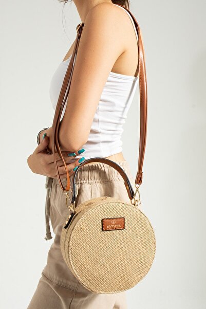 ESTUTE Στρογγυλή ψάθινη τσάντα τυμπάνου τσάντα χειρός και ώμου