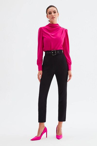 Sateen Navy Blue High Waist Belted Trousers