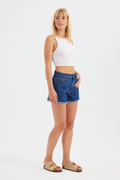 Hiccup Koyu Renk Yüksek Bel Denim Şort