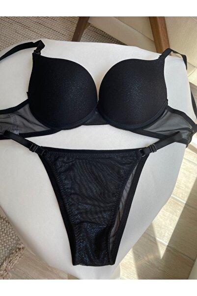 ARONA Holoram Desenli Simli Siyah Alt Üst Takım