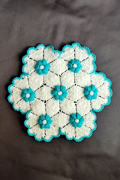 X400 Blue Flower Patterned Bridal Bundle and Bath Loofah Set - 3 Piece Hand Knitted Dowry Box