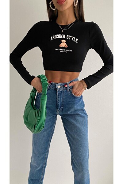 Bengi Clothing Black Printed - Crew Neck Long Sleeve Ribbed Crop Blouse