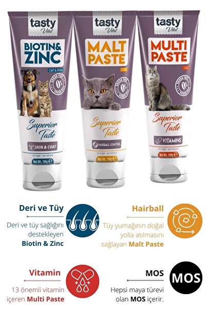 TASTY VİTAL Kedi Malt Paste 100 Gr + Multi Cat Paste 100 Gr + Biotin Paste 10...