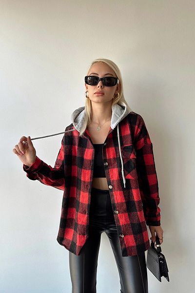bacc Women's Red Hooded Plaid Patterned Oversize Stitching Shirt Bcpk- 236004