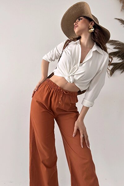 bacc بنطال بالازو نسائي مزين بشراشيب بلون الطوب - Bcdf-241101-1
