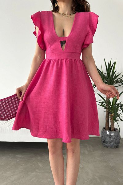bacc Rochie de damă fucsia - Decolteu la piept și mâneci cu volan Bcdf- 241069