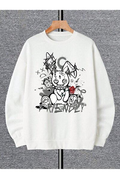 FECCY Hanorac unisex alb, gros, supradimensionat, cu imprimeu cu desene animate