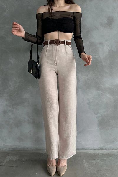 bacc Women's Beige Waist Belted Linen Trousers Bcdf- 241103
