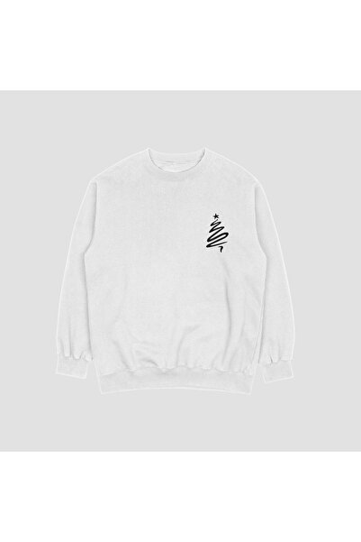 FECCY Hanorac oversize unisex, alb, cu imprimeu cu brad de Crăciun, fără glugă