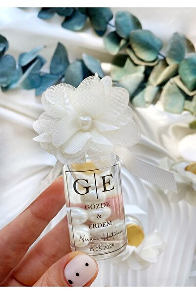 Gami Handmade Cam Şişe Çiçek Detaylı İncili Kolonya Söz, Nişan, Düğün, Kına, Nikah, Mevlüt Hediyelik - 15 Adet