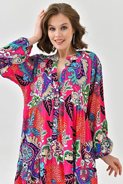 bacc Fuchsiový límec pro soudce - dlouhé hidžábové šaty z viskónu s polovičními knoflíky Bc241150