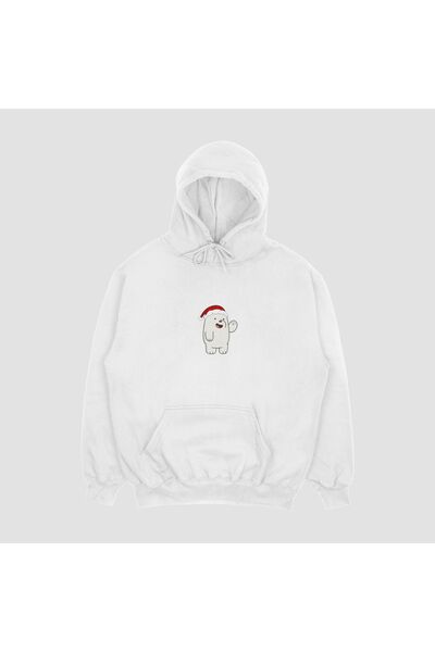 FECCY Unisex Λευκό Χριστουγεννιάτικο φούτερ με στάμπα με γλυκό αρκουδάκι και ...