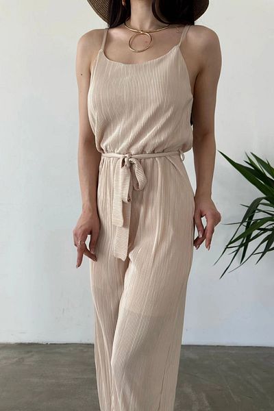 bacc Beige Crinkle Jumpsuit with Rope Straps and Belted, Bcdf-241077