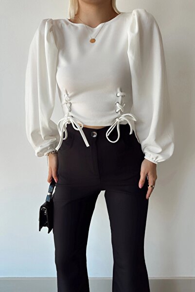 bacc Λευκή μπλούζα με μανίκια με μπαλόνι - Λεπτομέρεια ματιών, Crew Neck Bcdf- 231015