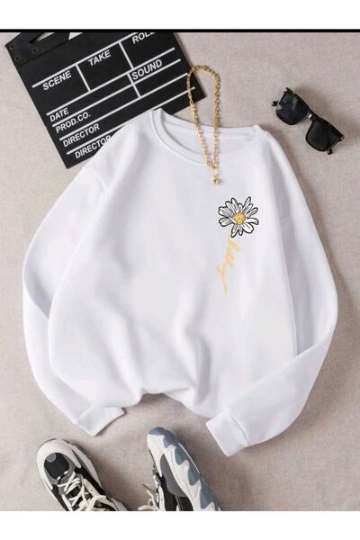 FECCY Hanorac alb oversize pentru femei, cu imprimeu Daisy - Decolteu tip cre...