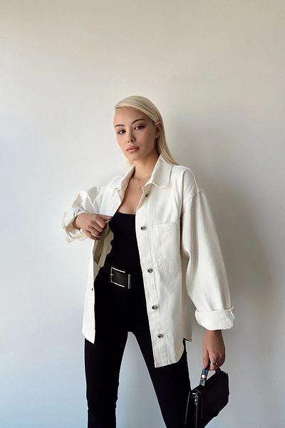bacc Ecru Denim Shirt Jacket - Double Pocket and Washable Women's Model Bcdf-235403