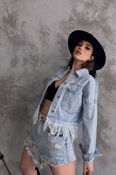 bacc Jachetă de denim cu franjuri albastru gheață pentru femei Bcdf- 245413