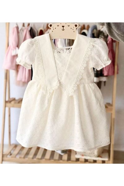 Mylittlekidsstore Λευκό Scallop κοντομάνικο γιακά λεπτομερές φόρεμα για κορίτσια