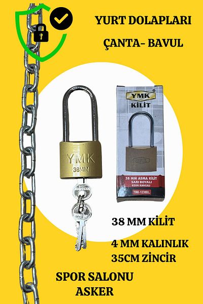 YMK 38mm Quality Insignia Lock - Steel Chain 35cm Cabinet, Boots, Bags, Coats, Dorts, Sports, Soldier Etc.