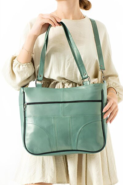 Erzeno Geantă de mână și de umăr de lux pentru femei - piele naturală, verde apă, dimensiune mare