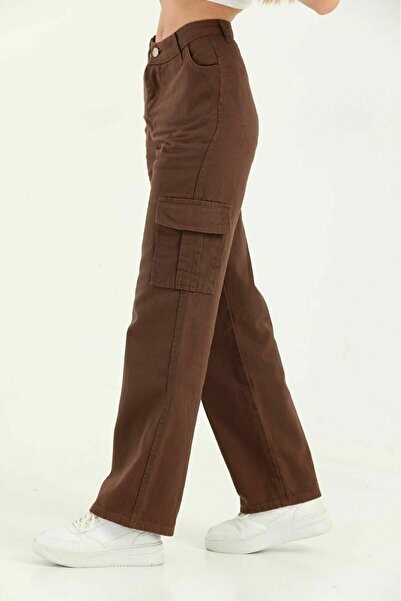 DRC trend Furitti Brown Cargo Loose Back Pocketless Lycra Super High Waist Jean Trousers