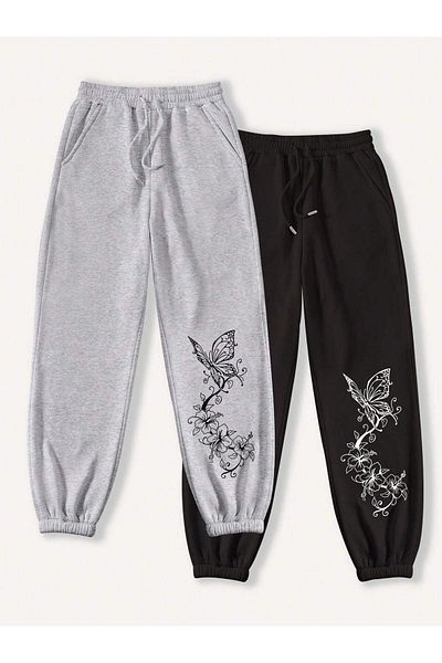 Mythologie 2 Πακέτα Butterfly Flower Sweatpants Jogger - Μαύρο γκρι εμπριμέ λαστιχένιο πόδι ψηλόμεσο καλοκαίρι
