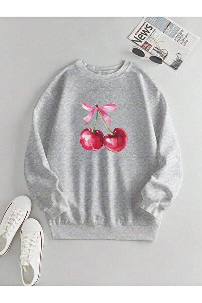 Mythologie Gray Oversize Ribbon Cherry Sweatshirt - Crew Neck