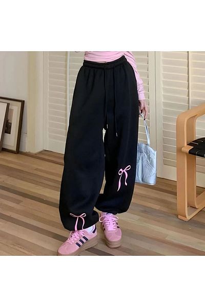Mythologie High Waist Ribbon Patterned Jogger Sweatpants - Black Printed Rubber Leg Winter