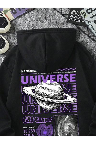 aynewmoda Черен оувърсайз суитшърт с качулка и щампа UNIVERSE