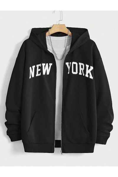 Mythologie New York Thick Cardigan - Μαύρη εμπριμέ καλοκαιρινή ζακέτα με φερμουάρ και τσέπη με κουκούλα