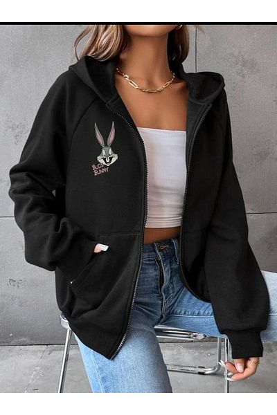 Mythologie Cardigan gros Bugs Bunny - Cardigan oversize cu glugă cu buzunar cu fermoar, imprimat negru de vară