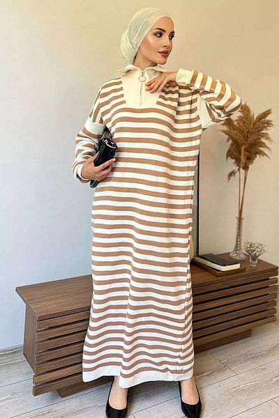 julude Hijab ριγέ Κρεμμπεζ Γυναικείο Πλεκτό Φόρεμα - Μισό Φερμουάρ
