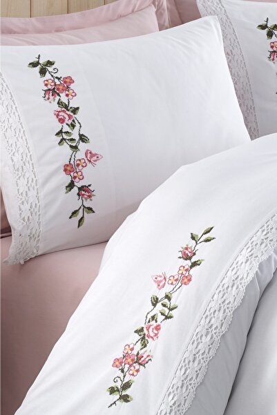 ÖDEL HOME White - Pink Lace Flower Embroidered Double Duvet Cover Set