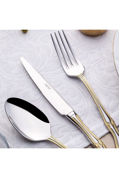 Nehir Lalezar Gold Plain 84 Piece Fork Spoon Knife Set with Leather Box