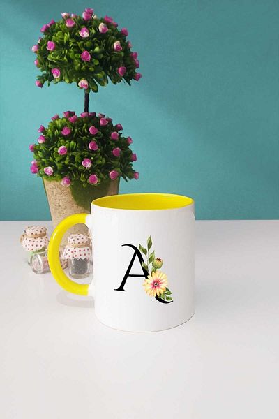 Hedizu Yellow Mug Cup Keychain with Floral Letter a