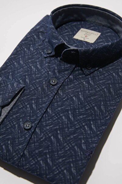 RAVANELLI Printed Navy Blue Slim Fit Long Sleeve Shirt