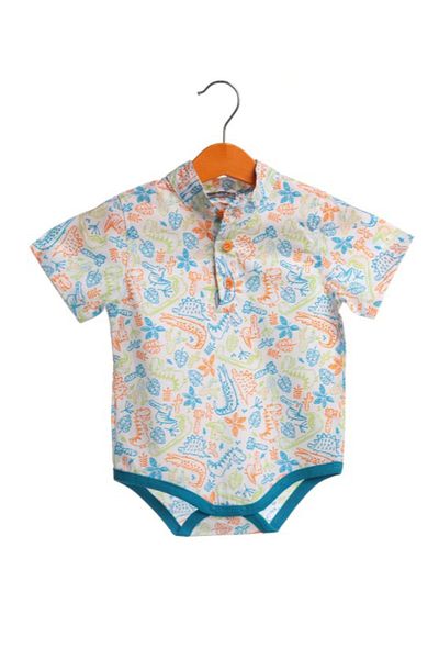 Bambaki Baby Boy Dinosaur Island Poplin Short Sleeve Placket Body