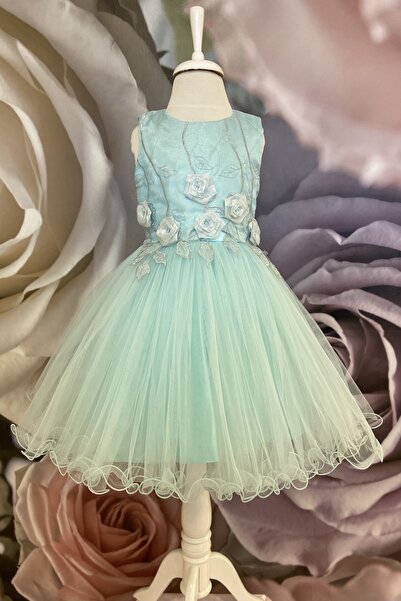 Dide Kids Dide Kız Çocuk 3 Boyutlu Çiçekli Ve Nakışlı Yeşil Organze Elbise