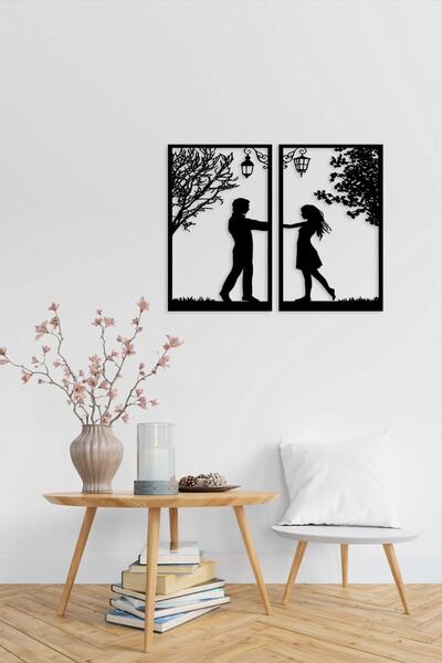 NT Handmade Siyah Ahşap Sevgililer Duvar Dekoru - Salon Oturma Yatak Odası Iç...