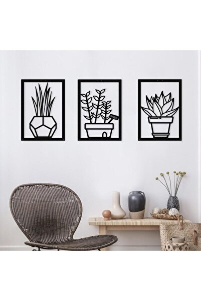 NT Handmade Siyah Ahşap 3lü Saksı Çiçekler Duvar Dekoru Salon Mutfak Balkon B...