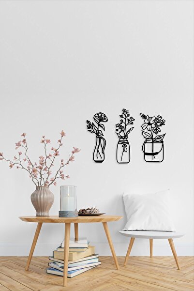 NT Handmade Siyah Ahşap 3lü Retro Saksı Ve Çiçekler Duvar Dekoru Salon Yatak Odası Mutfak Bahçe Için Tablo Seti