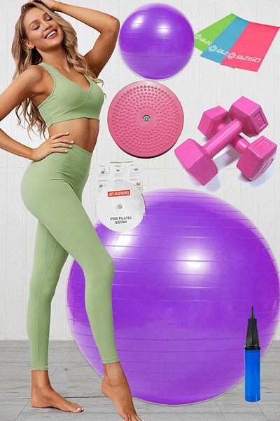 Jet مجموعة كرات بيلاتيس 10، 3 أشرطة مطاطية بيلاتيس، مجموعة أقراص دمبل تويستر 1 كجم باللون الأرجواني