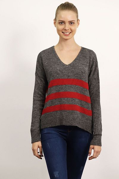 GABRİA Women's Gray V-Neck Color Striped Knitwear Sweater