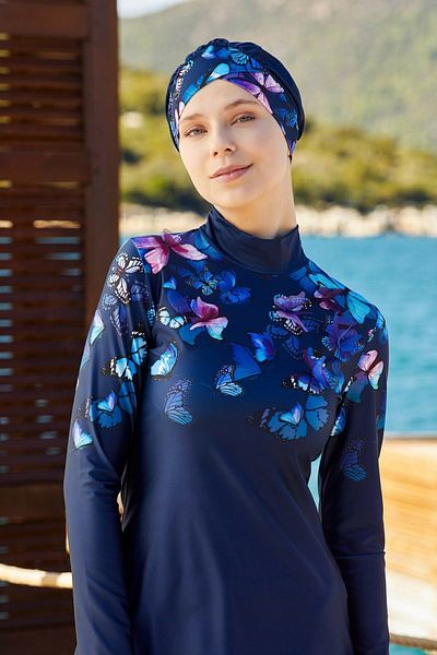 Adasea Lycra Hijab Μαγιό Σκούρο Navy Blue Butterfly