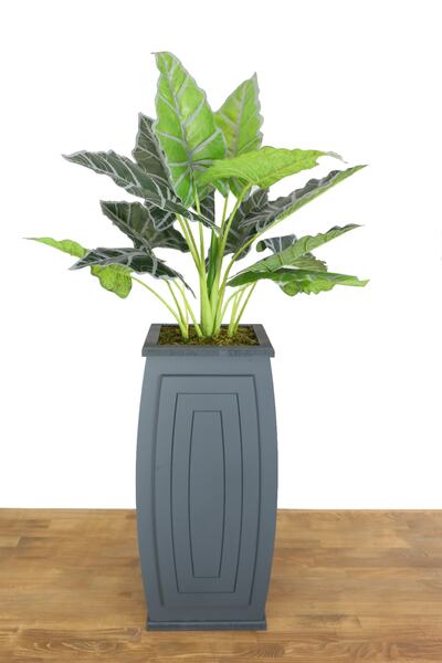 Yapay Çiçek Deposu Yapay Alocasia Bitkisi Ahşap Saksıda 120 cm Yeşil Gri