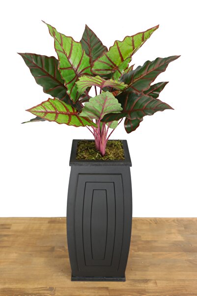 Yapay Çiçek Deposu Yapay Alocasia Bitkisi Ahşap Saksıda 120 Cm Yeşil-kızıl