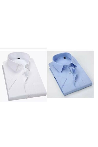 nacar çarşı Мъжка риза с къс ръкав, 2 части, синьо-бяла, класическа кройка