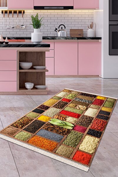 Modern home Baharat Detaylı Püsküllü Mutfak Halısı Kolay Temizlenebilen Kayma...